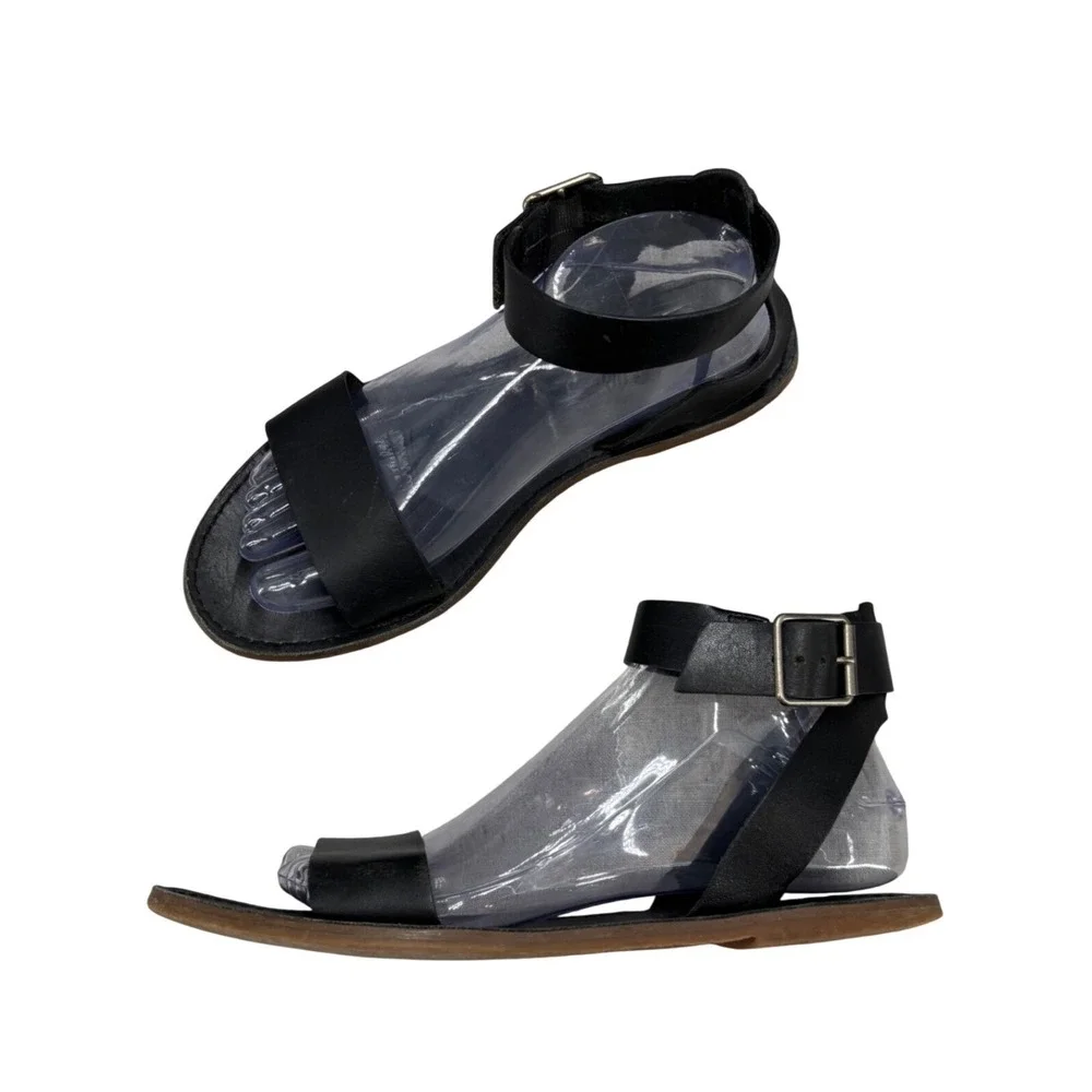 Madewell The Boardwalk Ankle Wrap Sandal Black Leather Flat Ankle Women's Size 9